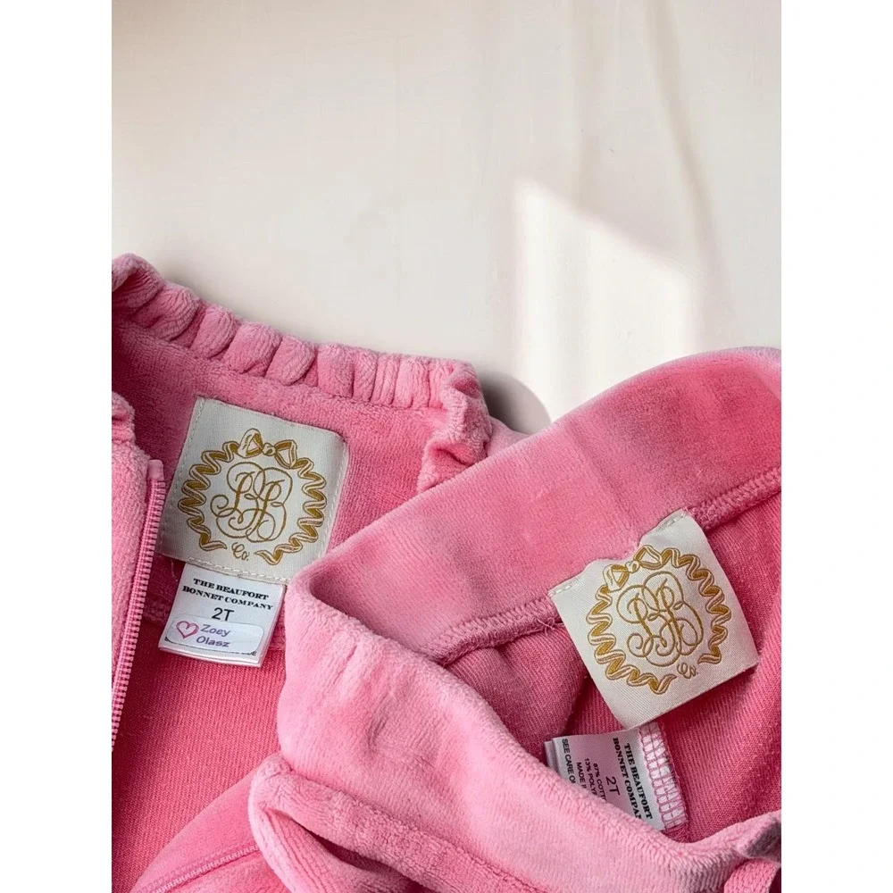 The Beaufort Bonnet Company Pink Velour Ruffle Tracksuit Set 2T